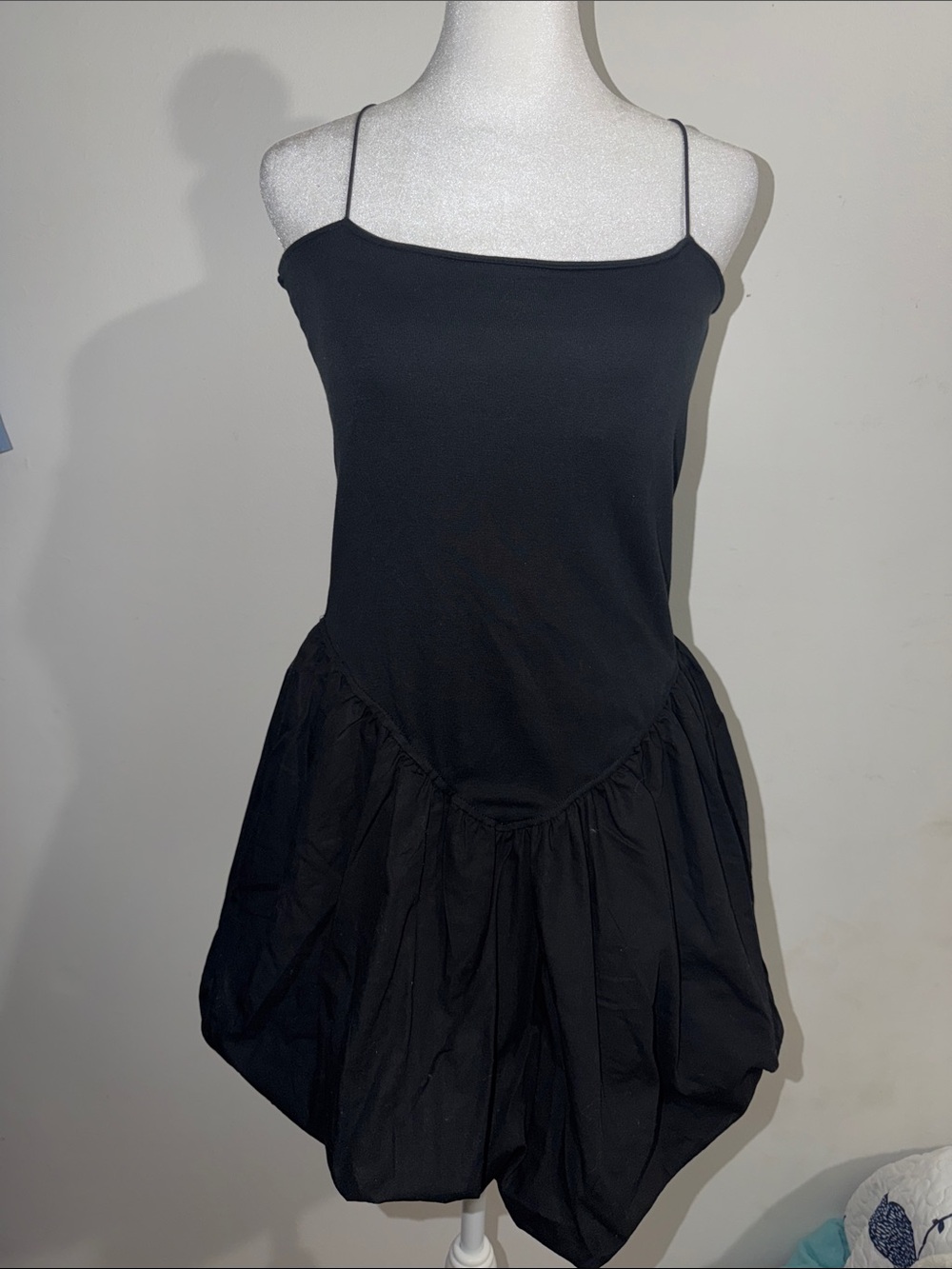 Women's Black Spaghetti Strap Bubble Hem Mini Dress